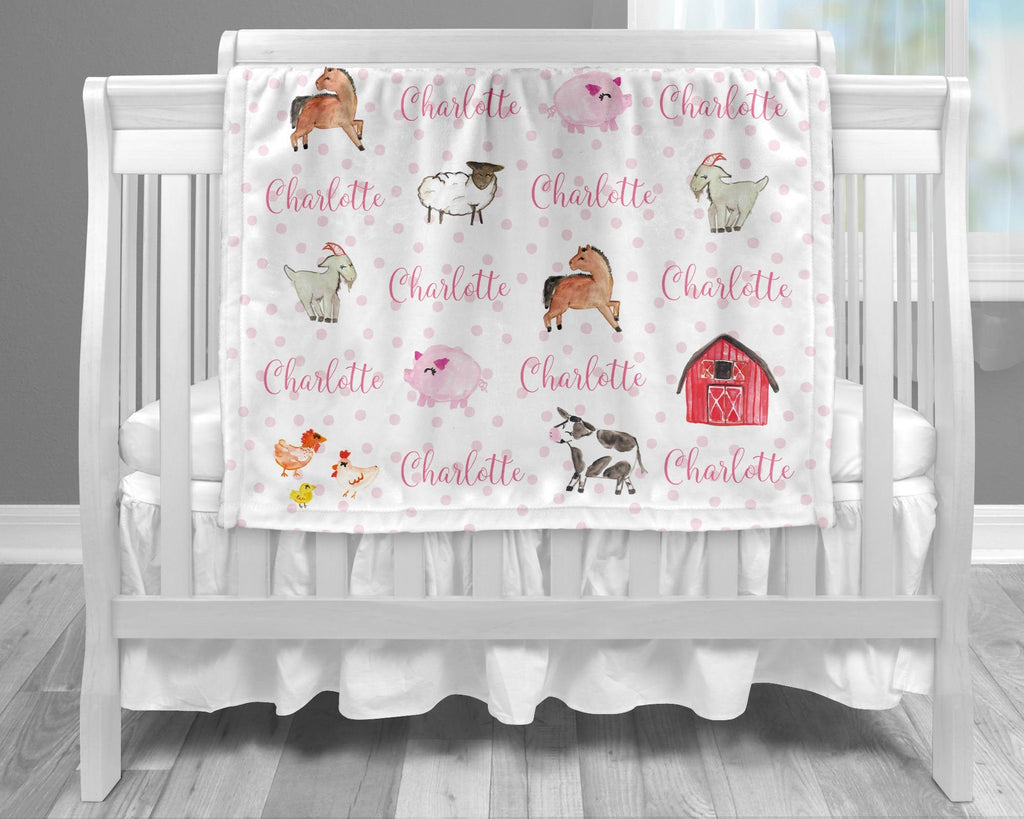 Girl farm animal blanket- farm animal personalized baby gift- farm blanket- barn baby blanket- personalized baby name blanket- choose colors