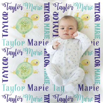 Sea turtle baby girl blanket, turtle personalized under the sea name blanket, newborn turtle swaddle, ocean animal baby gift (ANY COLOR)