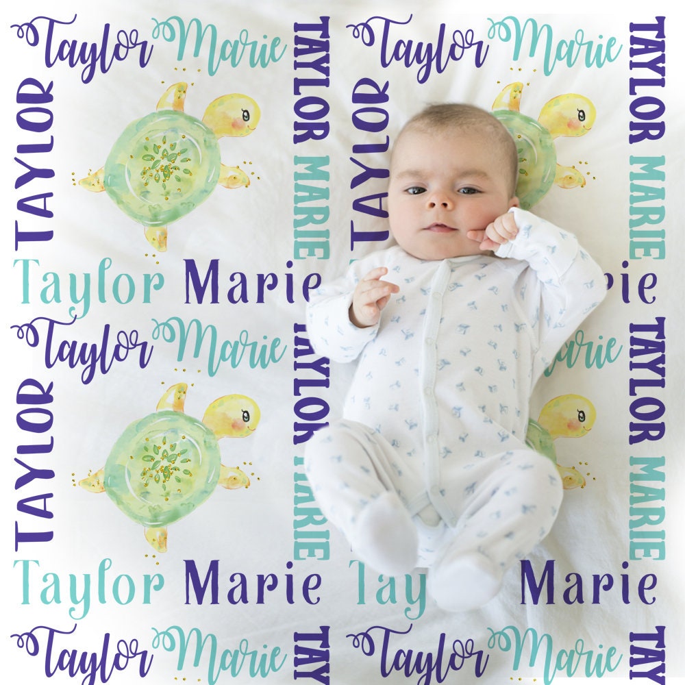 Sea turtle baby girl blanket, turtle personalized under the sea name blanket, newborn turtle swaddle, ocean animal baby gift (ANY COLOR)