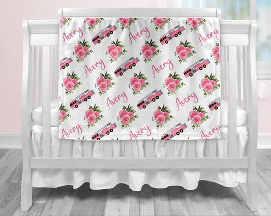 Fire truck blanket, pink flowers, girl fire fighter personalized blanket, firetruck baby gift, fireman personalized blanket, pink firetruck