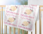 Personalized sea shell baby name blanket, newborn beach shell blanket, seashell theme baby swaddle, ocean baby girl gift, (CHOOSE COLORS)