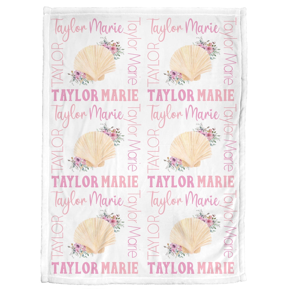 Personalized sea shell baby name blanket, newborn beach shell blanket, seashell theme baby swaddle, ocean baby girl gift, (CHOOSE COLORS)