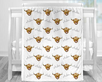 Highland cow baby blanket, personalized name blanket with cows, highland cow farm baby gift, toddler, big kid size, choose material