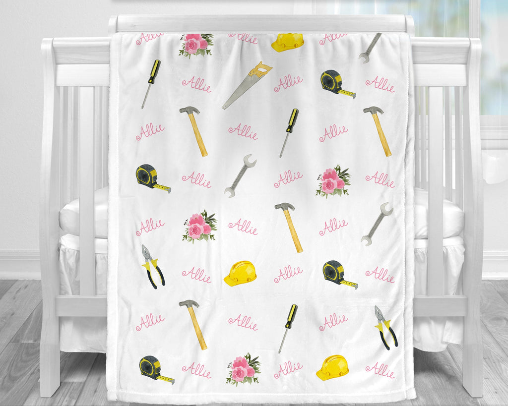 Personalized work tools baby name blanket, woodworking newborn blanket with tools, girl construction hanyman gift, toddler, big kid size
