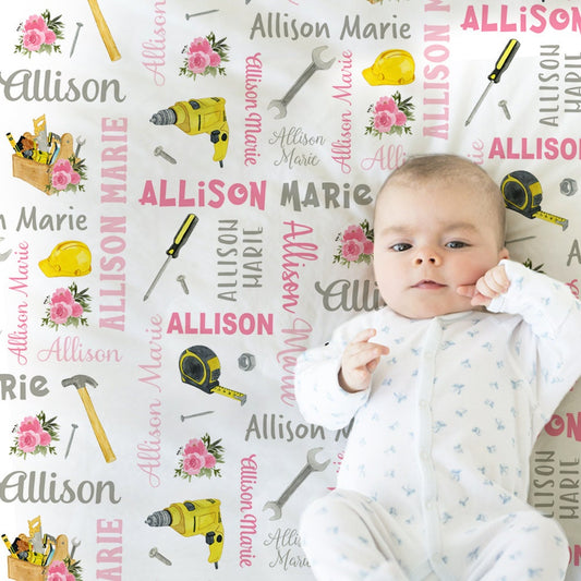 Baby girl work tools blanket, woodworking blanket with tools, personalized girl construction handyman gift, newborn , toddler, big kid size