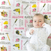 Baby girl work tools blanket, woodworking blanket with tools, personalized girl construction handyman gift, newborn , toddler, big kid size