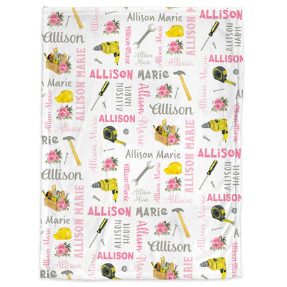 Baby girl work tools blanket, woodworking blanket with tools, personalized girl construction handyman gift, newborn , toddler, big kid size