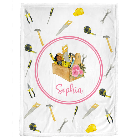 Baby girl construction tools blanket, blanket with carpenter tools, personalized work tools hanyman gift, newborn, toddler, big kid size