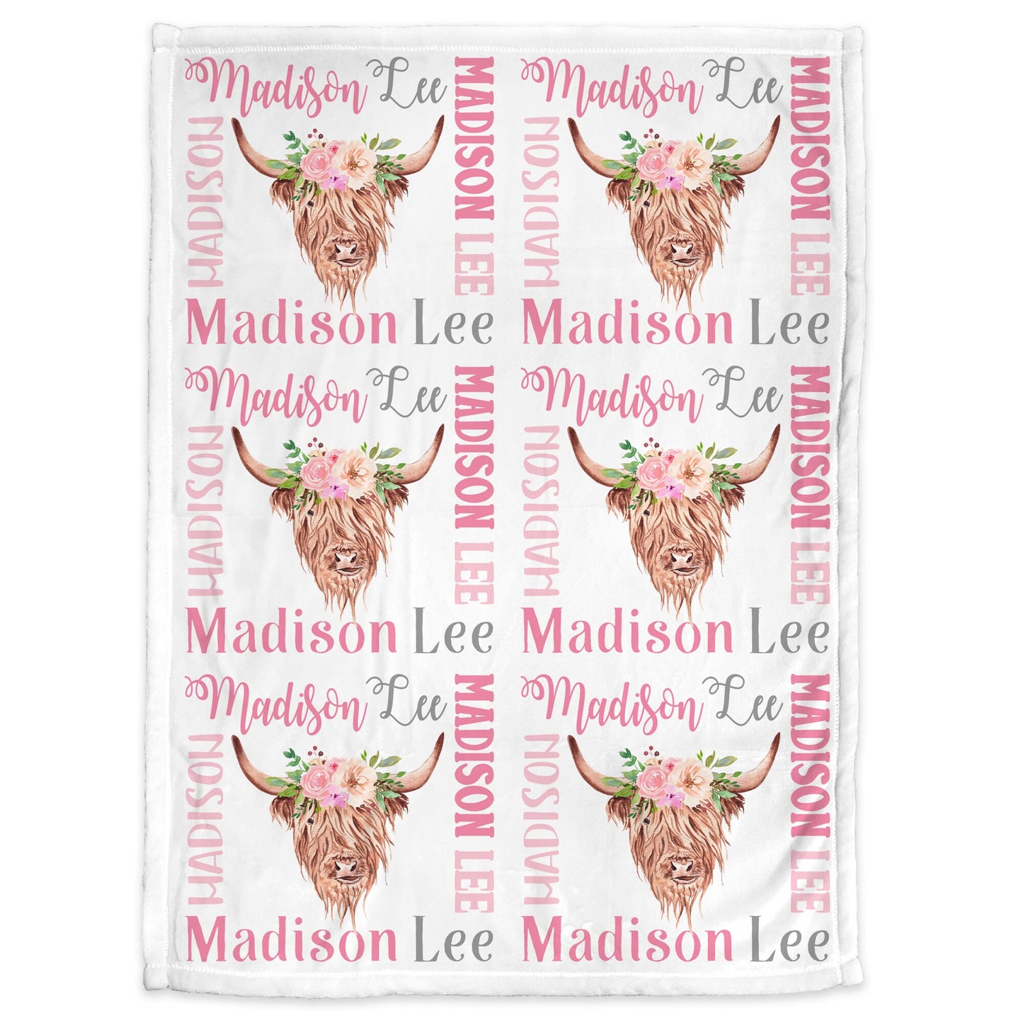 Pink highland cow baby name blanket, pretty cow baby blanket with flowers, personalized girl floral farm gift, toddler, big kid size