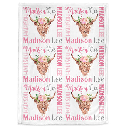 Pink highland cow baby name blanket, pretty cow baby blanket with flowers, personalized girl floral farm gift, toddler, big kid size