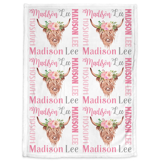 Pink highland cow baby name blanket, pretty cow baby blanket with flowers, personalized girl floral farm gift, toddler, big kid size
