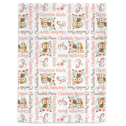 Newborn floral baby owl blanket, personalized owl blanket with name, newborn owl swaddle blanket with flowers, owl theme baby gift