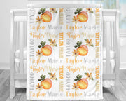 Personalized girl peach baby blanket, orange and white newborn peaches baby gift with name, watercolor, toddler or big kids (CHOOSE COLORS)
