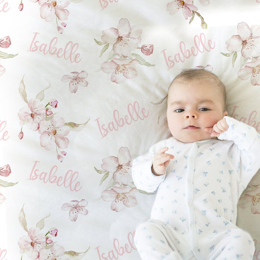 Personalized Cherry Blossoms Baby Name Blanket Girl