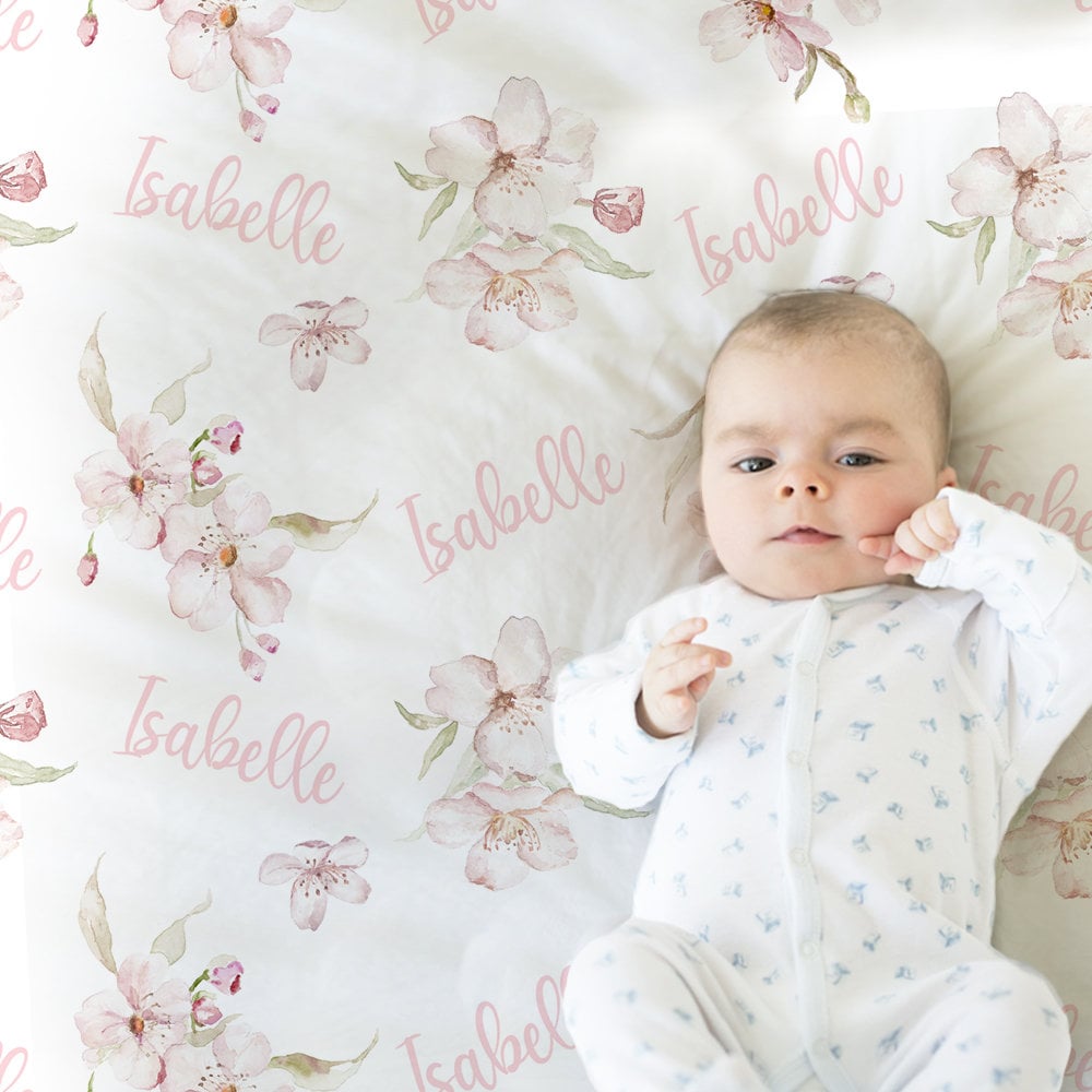Personalized floral baby blanket, cherry blossoms newborn swaddle blanket with name, watercolor floral girl baby gift