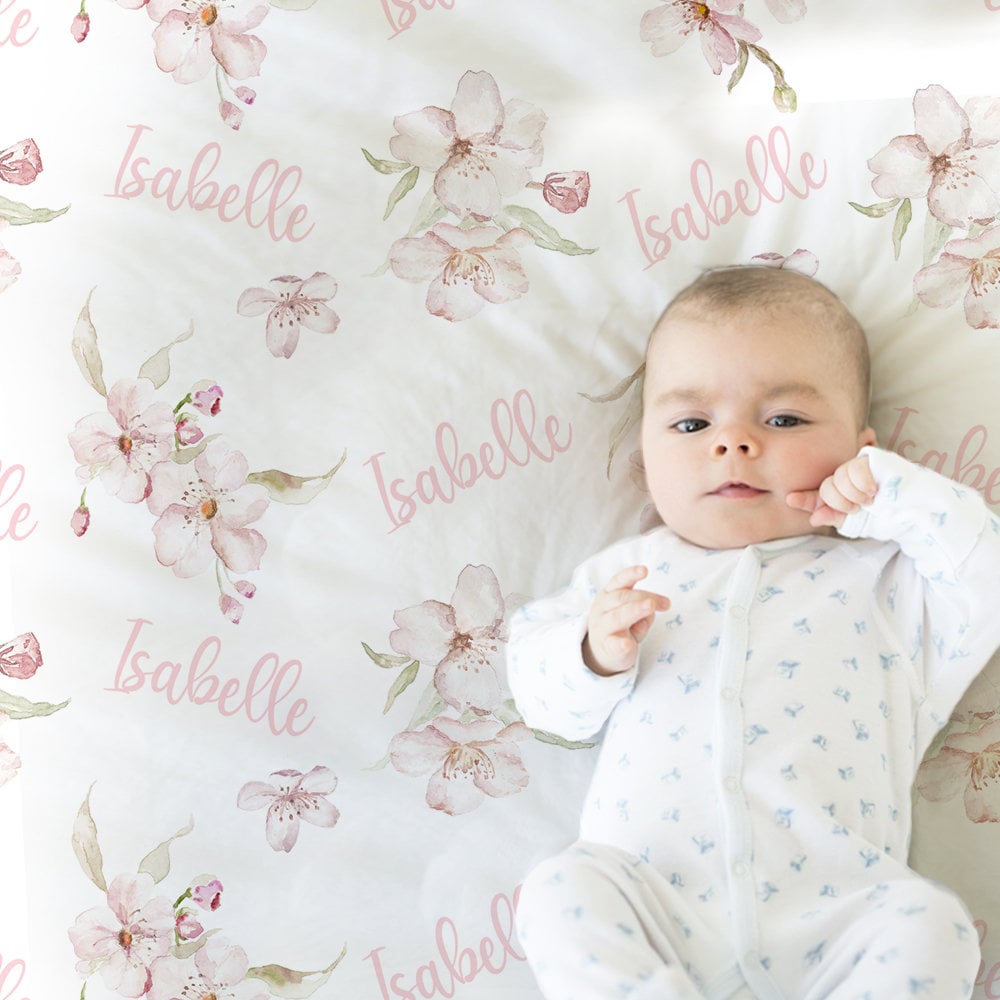 Personalized floral baby blanket, cherry blossoms newborn swaddle blanket with name, watercolor floral girl baby gift