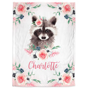 Raccoon baby blanket with flowers, forest newborn name blanket, personalized girl floral animal gift, toddler, big kid size, choose material