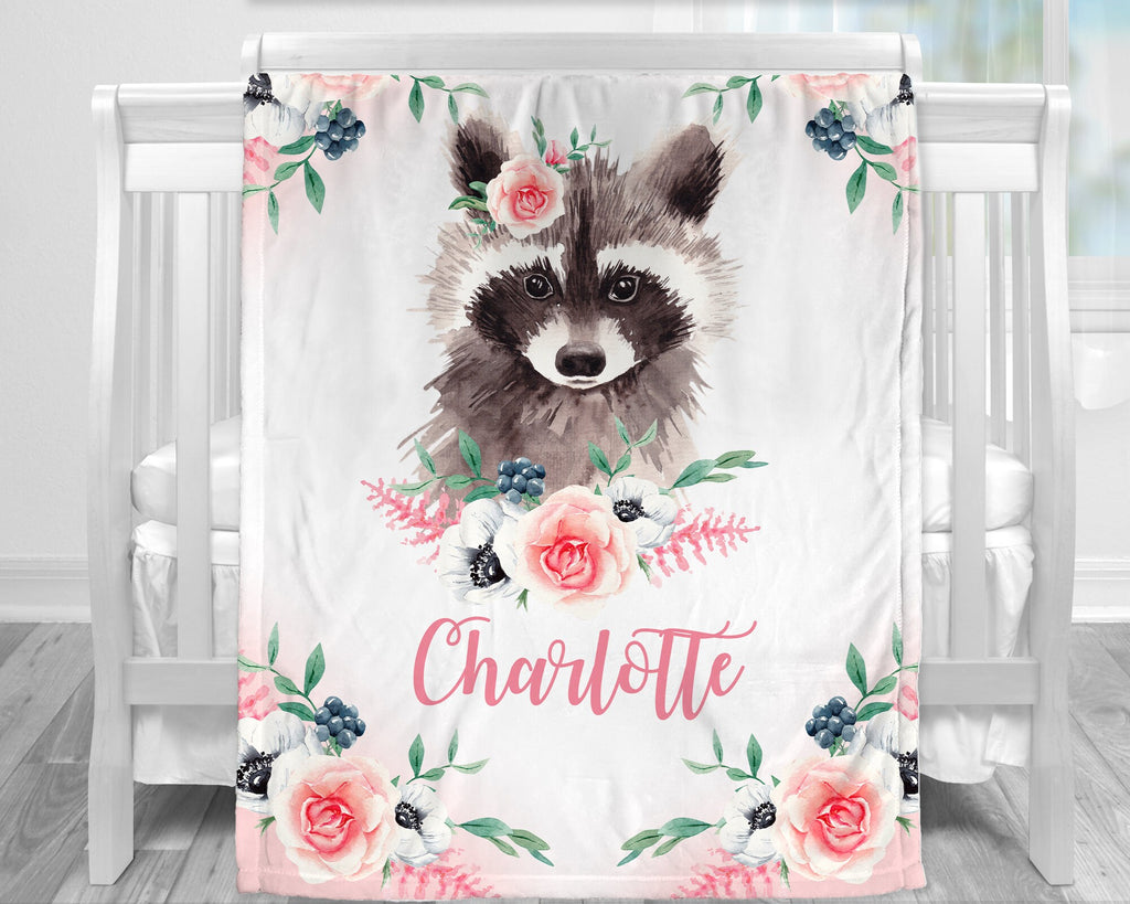 Raccoon baby blanket with flowers, forest newborn name blanket, personalized girl floral animal gift, toddler, big kid size, choose material