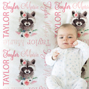 Forest raccoon name blanket, newborn baby blanket with flowers, personalized girl floral animal gift, toddler, big kid size, choose material