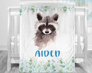 Raccoon name blanket, personalized newborn baby blanket, greenery leaves raccoon forest animal gift, toddler, big kid size, choose material