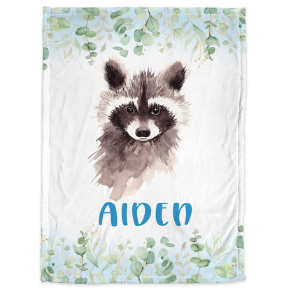 Raccoon name blanket, personalized newborn baby blanket, greenery leaves raccoon forest animal gift, toddler, big kid size, choose material
