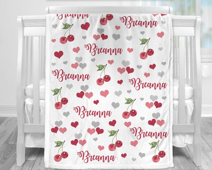 Personalized cherry baby name blanket, cherries newborn blanket with hearts, girl cherry name gift, toddler, big kid size, choose material
