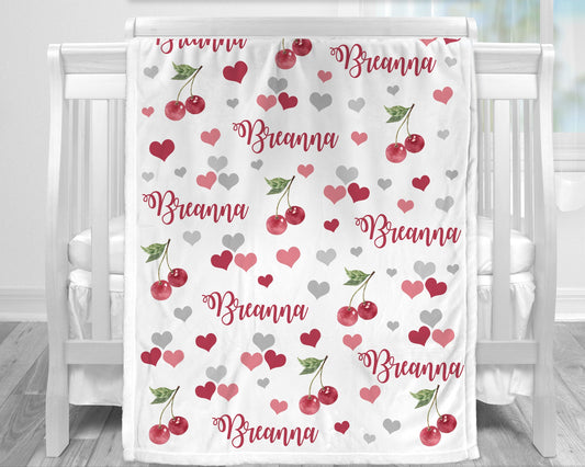 Personalized cherry baby name blanket, cherries newborn blanket with hearts, girl cherry name gift, toddler, big kid size, choose material