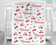 Personalized cherry baby name blanket, cherries newborn blanket with hearts, girl cherry name gift, toddler, big kid size, choose material