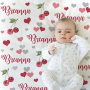 Personalized cherry baby name blanket, cherries newborn blanket with hearts, girl cherry name gift, toddler, big kid size, choose material