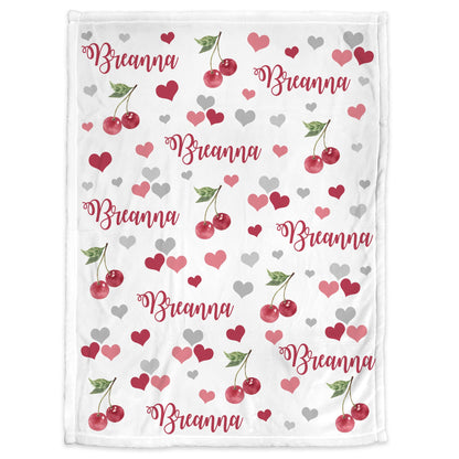Personalized cherry baby name blanket, cherries newborn blanket with hearts, girl cherry name gift, toddler, big kid size, choose material
