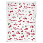 Personalized cherry baby name blanket, cherries newborn blanket with hearts, girl cherry name gift, toddler, big kid size, choose material