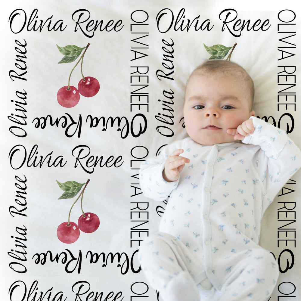 Baby girl cherries blanket with name, personalized cherry newborn name blanket, girl cherry gift, toddler, big kid size, choose material