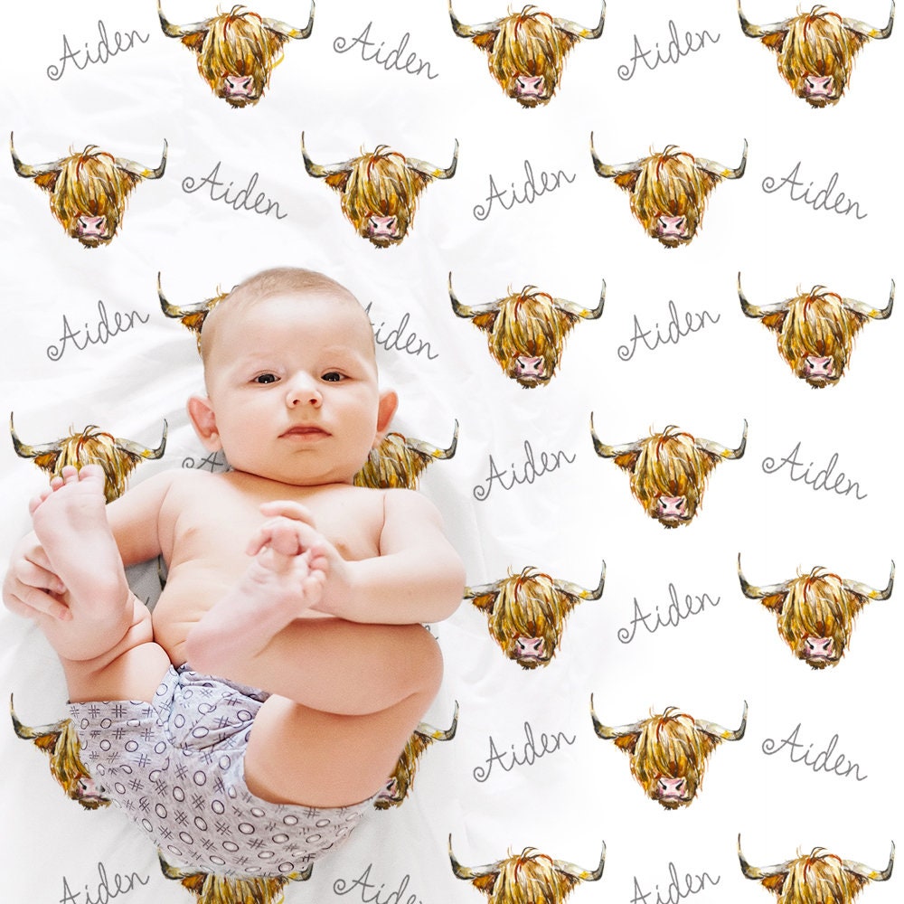 Highland cow baby blanket, personalized name blanket with cows, highland cow farm baby gift, toddler, big kid size, choose material