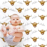 Highland cow baby blanket, personalized name blanket with cows, highland cow farm baby gift, toddler, big kid size, choose material