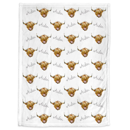 Highland cow baby blanket, personalized name blanket with cows, highland cow farm baby gift, toddler, big kid size, choose material