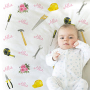 Personalized work tools baby name blanket, woodworking newborn blanket with tools, girl construction hanyman gift, toddler, big kid size