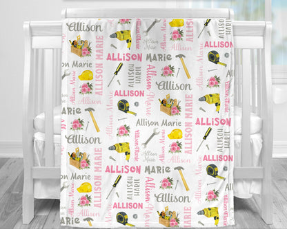 Baby girl work tools blanket, woodworking blanket with tools, personalized girl construction handyman gift, newborn , toddler, big kid size