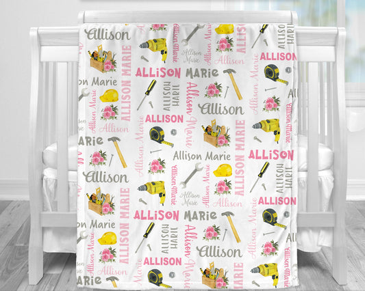 Baby girl work tools blanket, woodworking blanket with tools, personalized girl construction handyman gift, newborn , toddler, big kid size