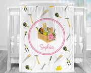 Baby girl construction tools blanket, blanket with carpenter tools, personalized work tools hanyman gift, newborn, toddler, big kid size