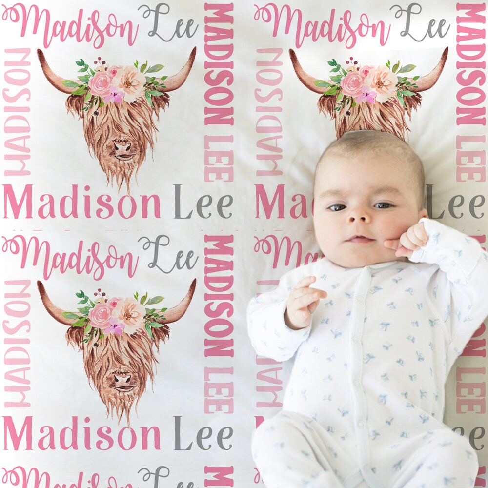 Pink highland cow baby name blanket, pretty cow baby blanket with flowers, personalized girl floral farm gift, toddler, big kid size