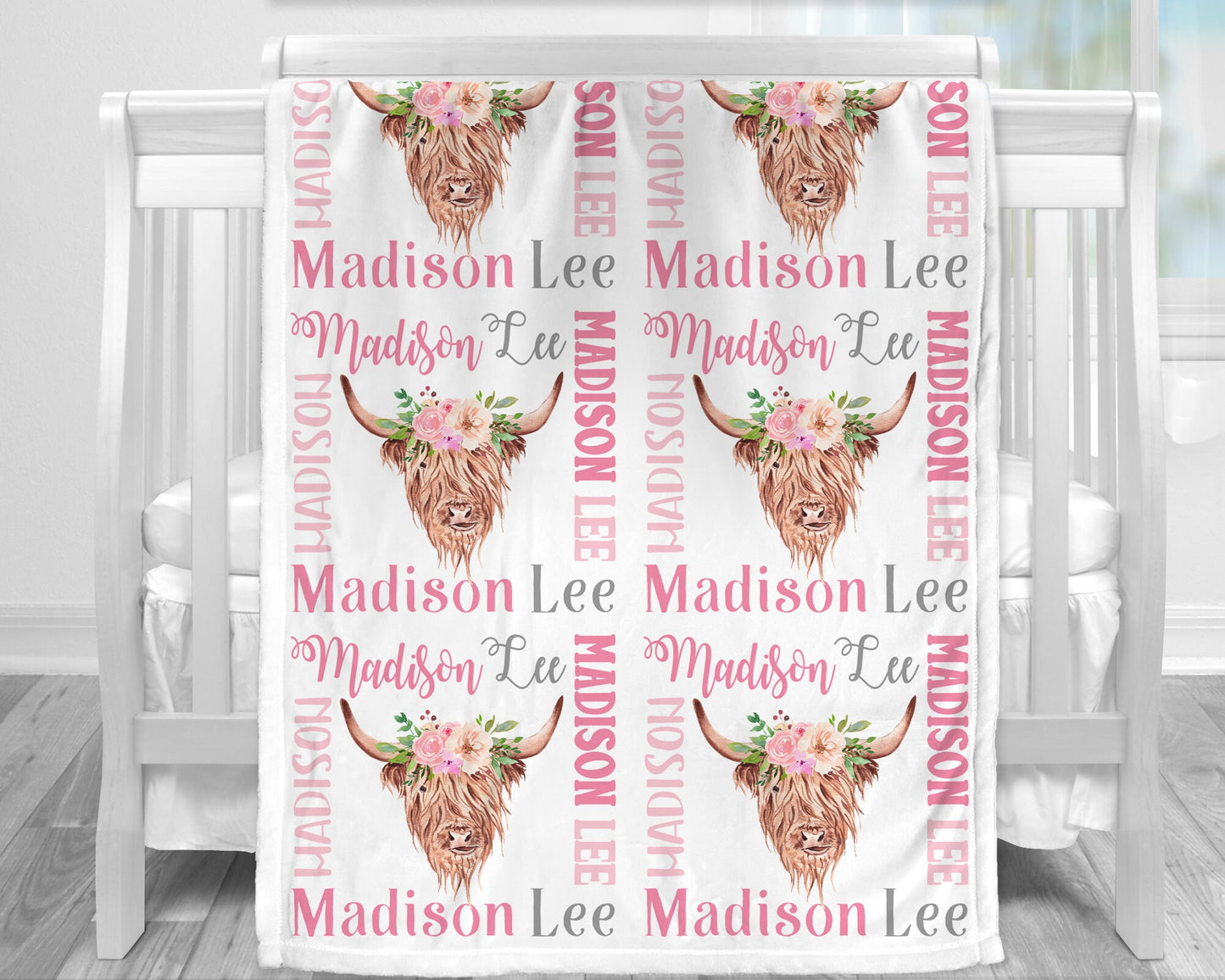 Pink highland cow baby name blanket, pretty cow baby blanket with flowers, personalized girl floral farm gift, toddler, big kid size