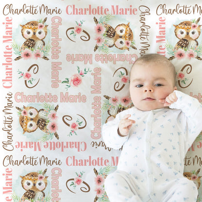 Newborn floral baby owl blanket, personalized owl blanket with name, newborn owl swaddle blanket with flowers, owl theme baby gift