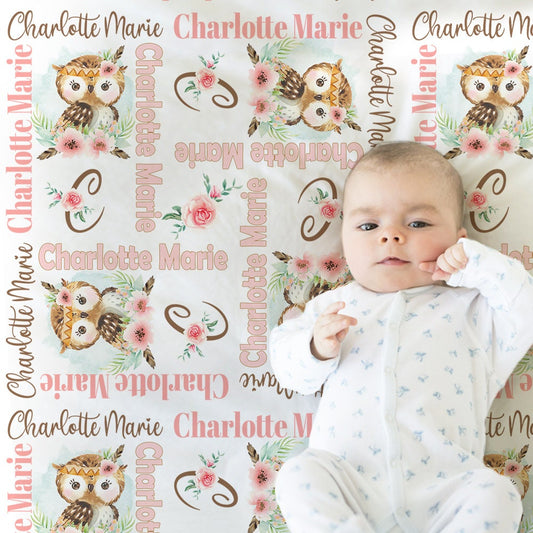 Personalized Owl Baby Name Blanket Girl