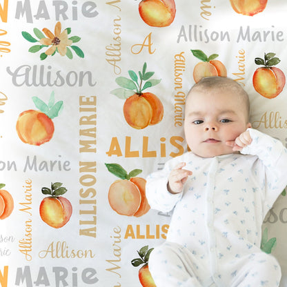 Newborn peach baby girl blanket, personalized sweet peaches blanket with name, watercolor baby gift, girl georgia blanket with peaches