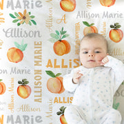 Newborn peach baby girl blanket, personalized sweet peaches blanket with name, watercolor baby gift, girl georgia blanket with peaches