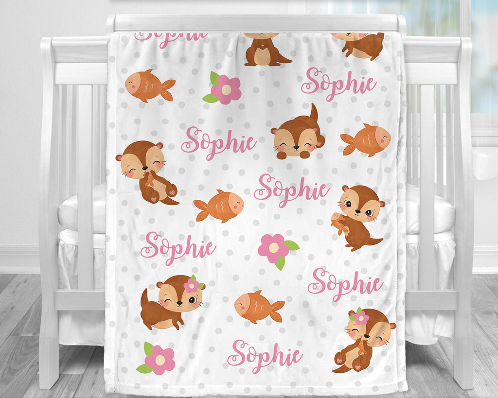 Otter baby blanket, polka dot baby blanket with name, personalized otters newborn baby gift, pink and gray otter for girl (CHOOSE COLORS)