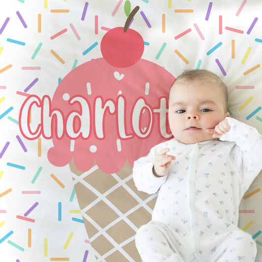 Ice cream newborn blanket, summer baby girl name blanket, pink personalized ice cream blanket with sprinkles, ice cream gift (CHOOSE COLORS)