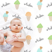 Ice cream baby blanket, boy summer newborn name blanket, personalized ice cream theme gift, summer ice cream scoop baby boy, (CHOOSE COLORS)