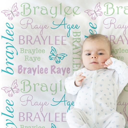 Butterfly baby girl blanket, personalized newborn butterflies name blanket, butterfly baby swaddle, butterfly baby gift (CHOOSE COLOR)
