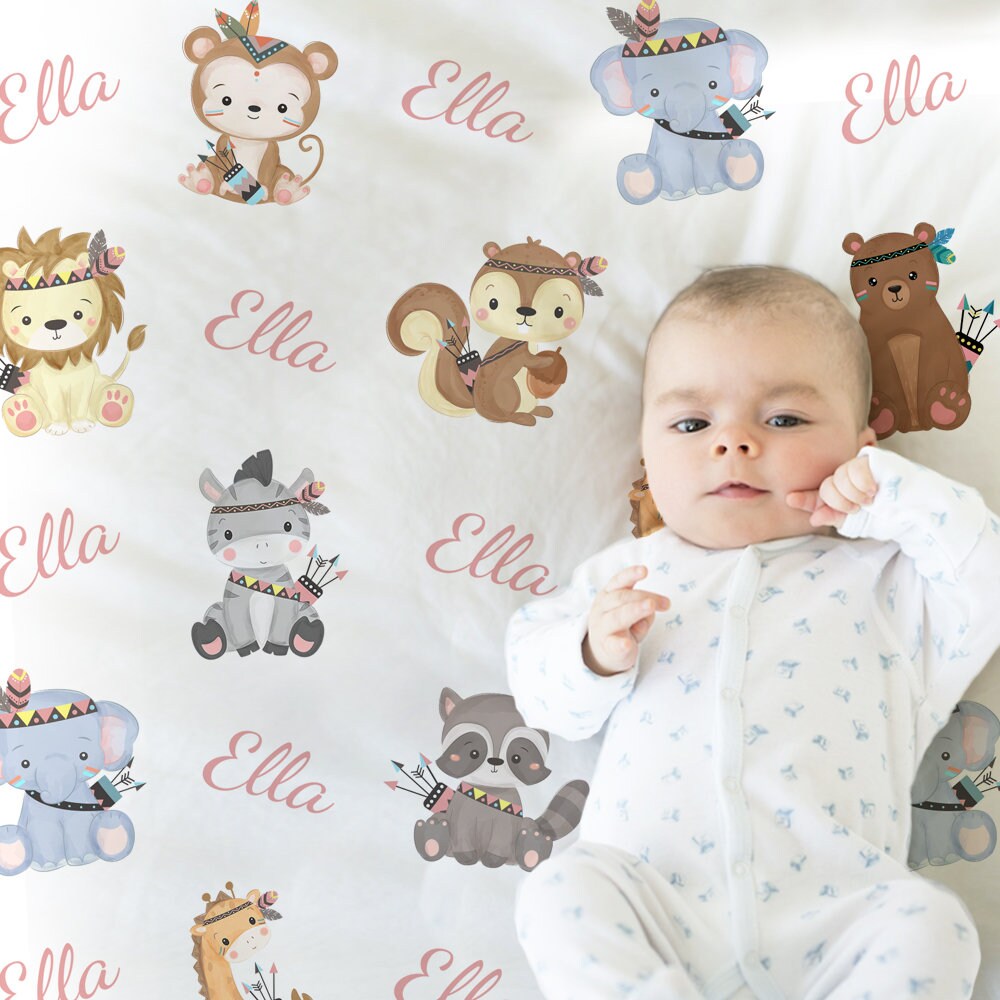Personalized boho baby animals name blanket, girl newborn tribal animal baby blanket, girls boho swaddle gift (CHOOSE COLORS)